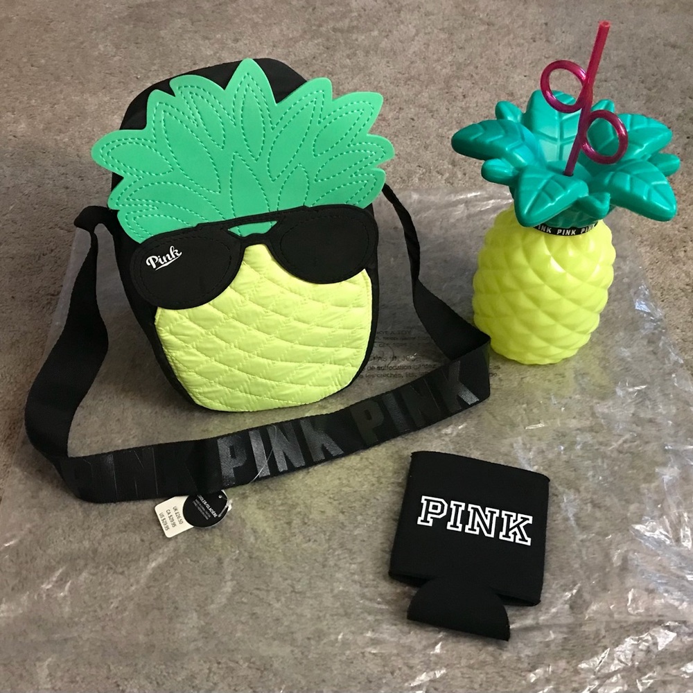 PINK Victoria's Secret Pineapple Cooler/Tumbler and Koozie Set